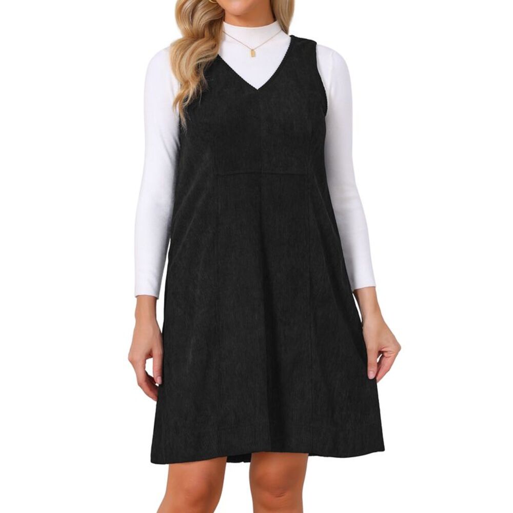 Womens Corduroy Overall Dress Sleeveless A Line Pinafore Short Dress Black